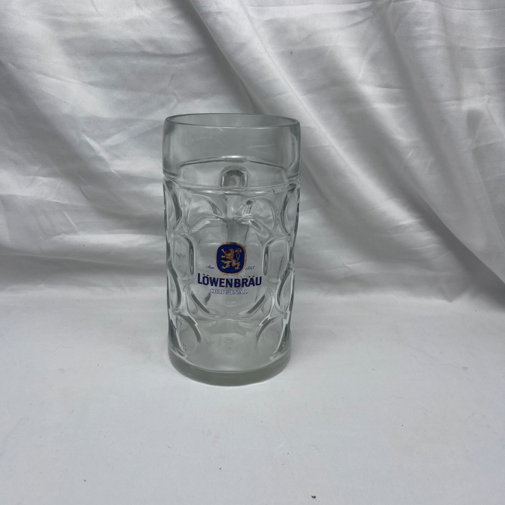 Lowenbrau Dimpled Glass Stein Mug Clear Beer Tankard Original Logo 0.5L